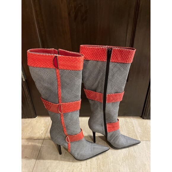 Casadei Knee High Stiletto boots Plaid Fabric with Red Textured Leather Trim 6.5 - Picture 3 of 11